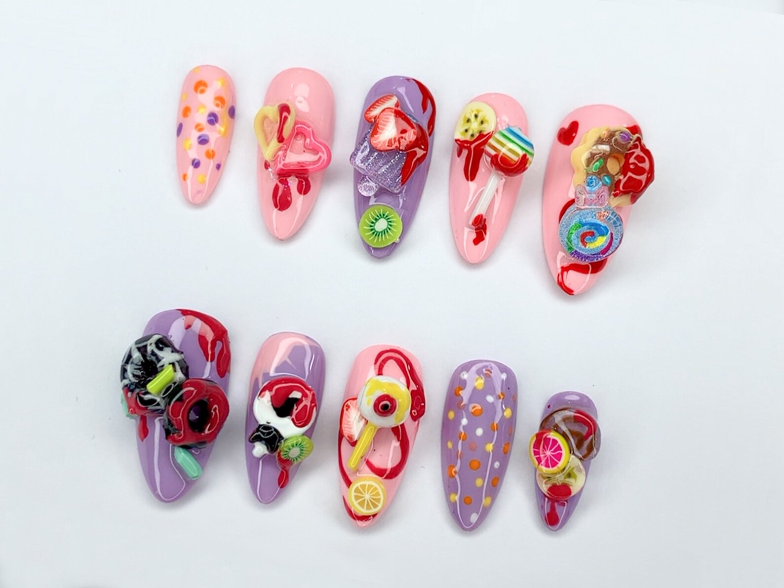 Fun and Whimsical 3D Nail Art Set | Candy and Fruit Designs | Sweet Press On Nails - Image 2