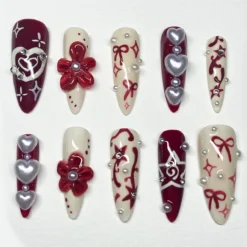 Valentine's Day Press On Nails | Romantic Red and White Nail Set | 3D Floral and Heart Press Ons | Luxury Handcrafted Bow Nail Art