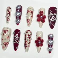 Alternative view of Valentine's Day Press On Nails | Romantic Red and White Nail Set | 3D Floral and Heart Press Ons | Luxury Handcrafted Bow Nail Art