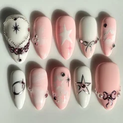 Elegent Pink Press On Nails | Y2K Press On Nails with Pearls and Star | Stand Out with 3D Gel Nail Set | Cute Nails