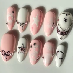 Alternative view of Elegent Pink Press On Nails | Y2K Press On Nails with Pearls and Star | Stand Out with 3D Gel Nail Set | Cute Nails
