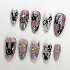 Alternative view of Gothic Kawaii Bunny Press On Nails | Unique Black and Silver Nail Art with Glitter and Stars | Trendy and Unique Nail Art