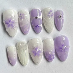 Alternative view of Lavender Floral Press On Nails | Purple Ombre Nail Set | Dreamy Hand-painted 3D Flower Fairycore Nail Art | Perfect for Weddings