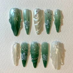 Y2K Style Green and White Nail Set : 3D Raised Gel and Adorable Flower Patterns | Y2K Pres On Nails | Trendy Green and White Nail Kit