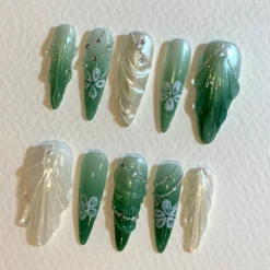Alternative view of Y2K Style Green and White Nail Set : 3D Raised Gel and Adorable Flower Patterns | Y2K Pres On Nails | Trendy Green and White Nail Kit