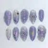 Lilac aurora chrome almond press on nails with sculpted starfish, 3D flowers, a painted moon and pearls