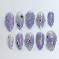 Celestial Galaxy Press On Nails | Holographic 3D Nail Art | Dreamy Ocean Pearl Acrylic Nails | Mermaid Fantasy Nail Charms