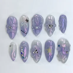 Celestial Galaxy Press On Nails | Holographic 3D Nail Art | Dreamy Ocean Pearl Acrylic Nails | Mermaid Fantasy Nail Charms | Stars