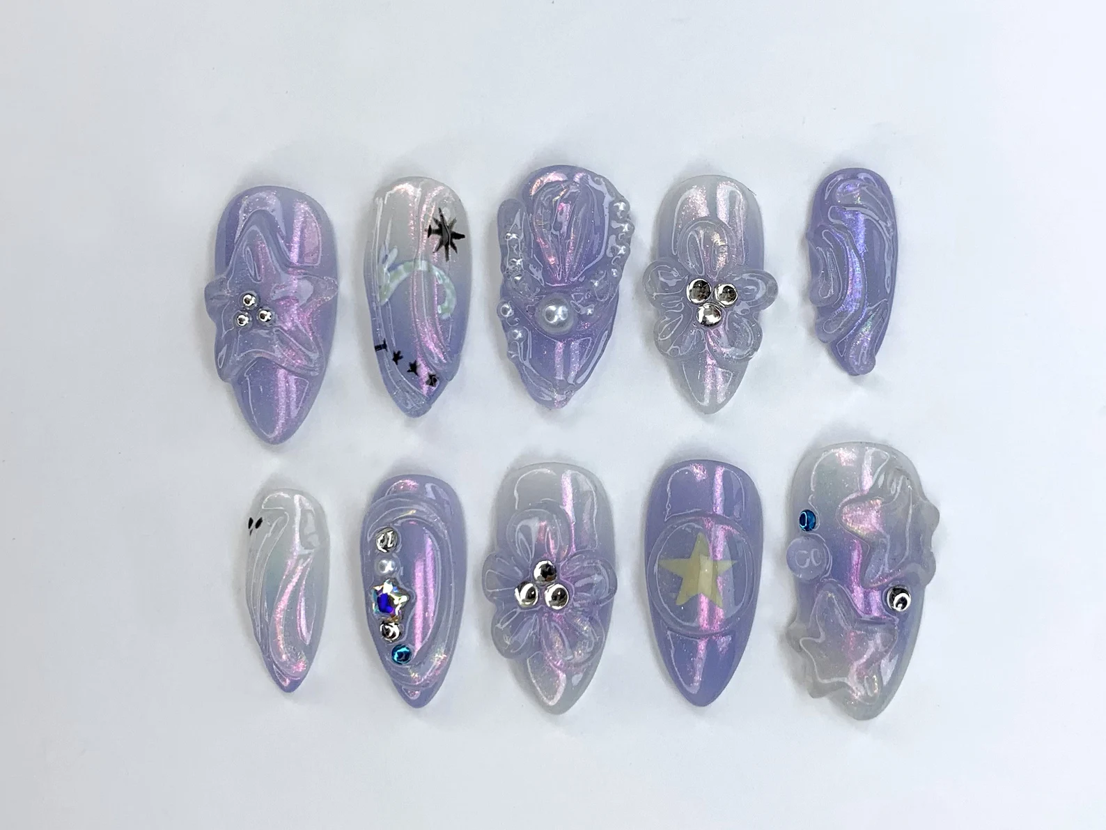 Celestial Galaxy Press On Nails | Holographic 3D Nail Art | Dreamy Ocean Pearl Acrylic Nails | Mermaid Fantasy Nail Charms | Stars