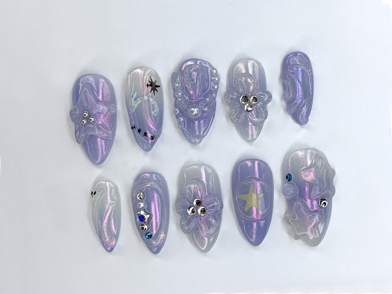 Celestial Galaxy Press On Nails | Holographic 3D Nail Art | Dreamy Ocean Pearl Acrylic Nails | Mermaid Fantasy Nail Charms | Stars - Image 3