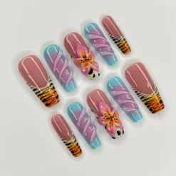 Alternative view of Zebra Print Nail Art With 3D Flower Long Coffin Press On Nails, 3D Gel Nails for Summer Holiday, Vacation, Event, Gift For Her