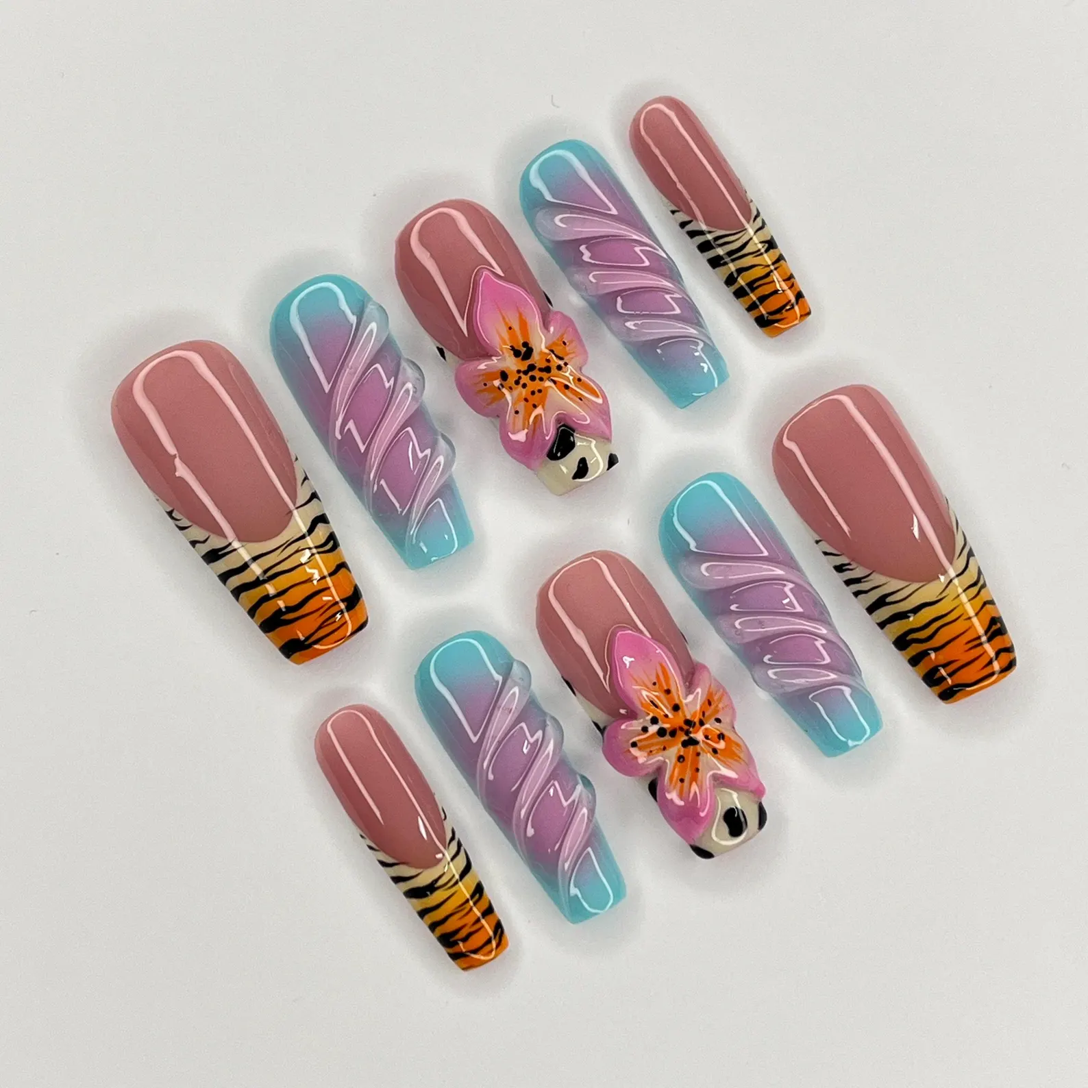 Zebra Print Nail Art With 3D Flower Long Coffin Press On Nails, 3D Gel Nails for Summer Holiday, Vacation, Event, Gift For Her - Image 2