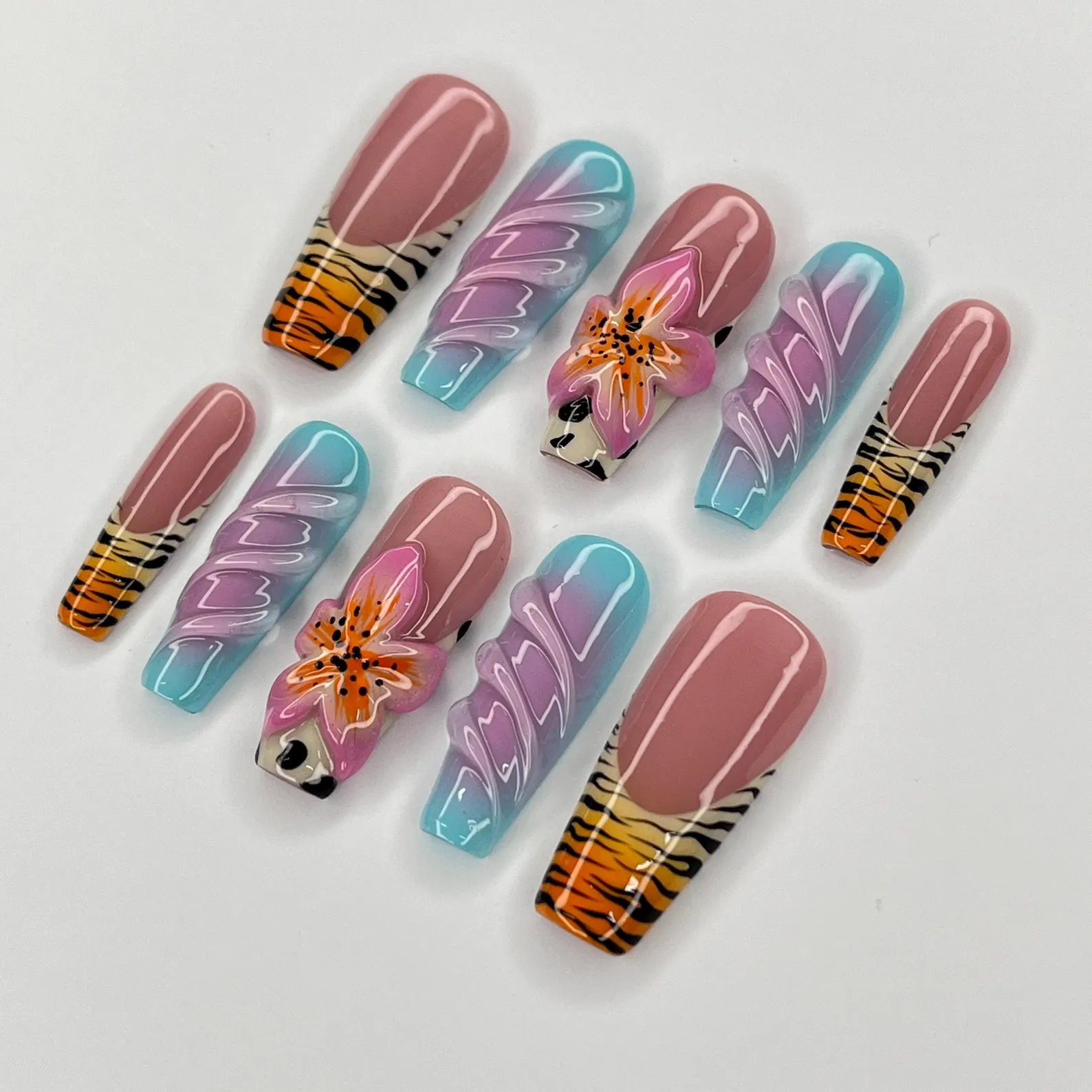Zebra Print Nail Art With 3D Flower Long Coffin Press On Nails, 3D Gel Nails for Summer Holiday, Vacation, Event, Gift For Her - Image 3