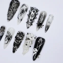 Alternative view of Black and Silver 3D Press-On Nails with Spikes, Chains, and Gothic Designs, Long Stiletto Nails for Halloween or Goth Fashion