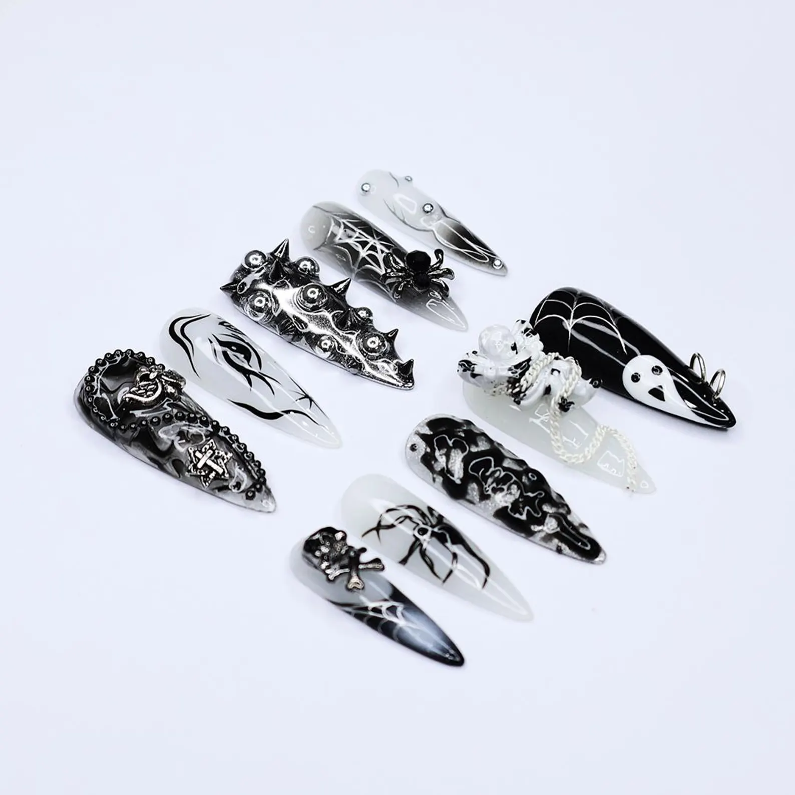 Black and Silver 3D Press-On Nails with Spikes, Chains, and Gothic Designs, Long Stiletto Nails for Halloween or Goth Fashion - Image 3