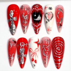 Hand-Painted 3D Gothic Stiletto Press On Nails: Red Y2K False Nails
