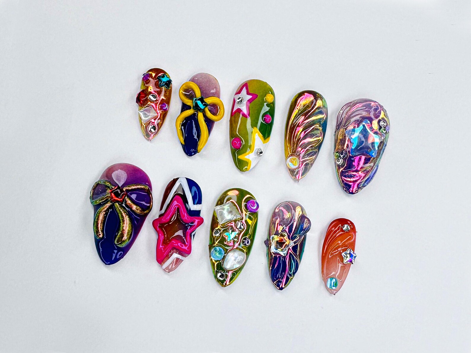 Whimsical Artisan Press-On Nails | Eccentric Multi-Color Fake Nails | Luxury Custom Acrylic Nails | Dazzling Hand-Painted Nail Art | - Image 2