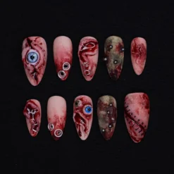 Unique 3D Design with Horror Blood Eyeball Almond Halloween Press On Nails, Scary Fake Nails Art for Spooky Season