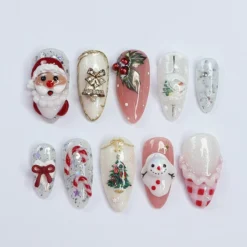 Festive Medium Almond Press-On Nails: Santa Claus, Candy Cane & Christmas Bell Designs - Perfect for Christmas Day Gifts