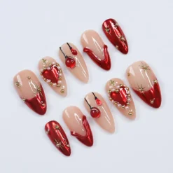 Alternative view of Festive Elegance: Dark Red Christmas Press-On Nails with Heart Designs & Golden Gems - Perfect Holiday Accessory or a Gift for Her