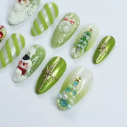 Alternative view of Festive Green Medium Almond Press-On Nails: Adorned with Santa Claus, Snowman Designs - Perfect for Christmas Day or Gift for Her