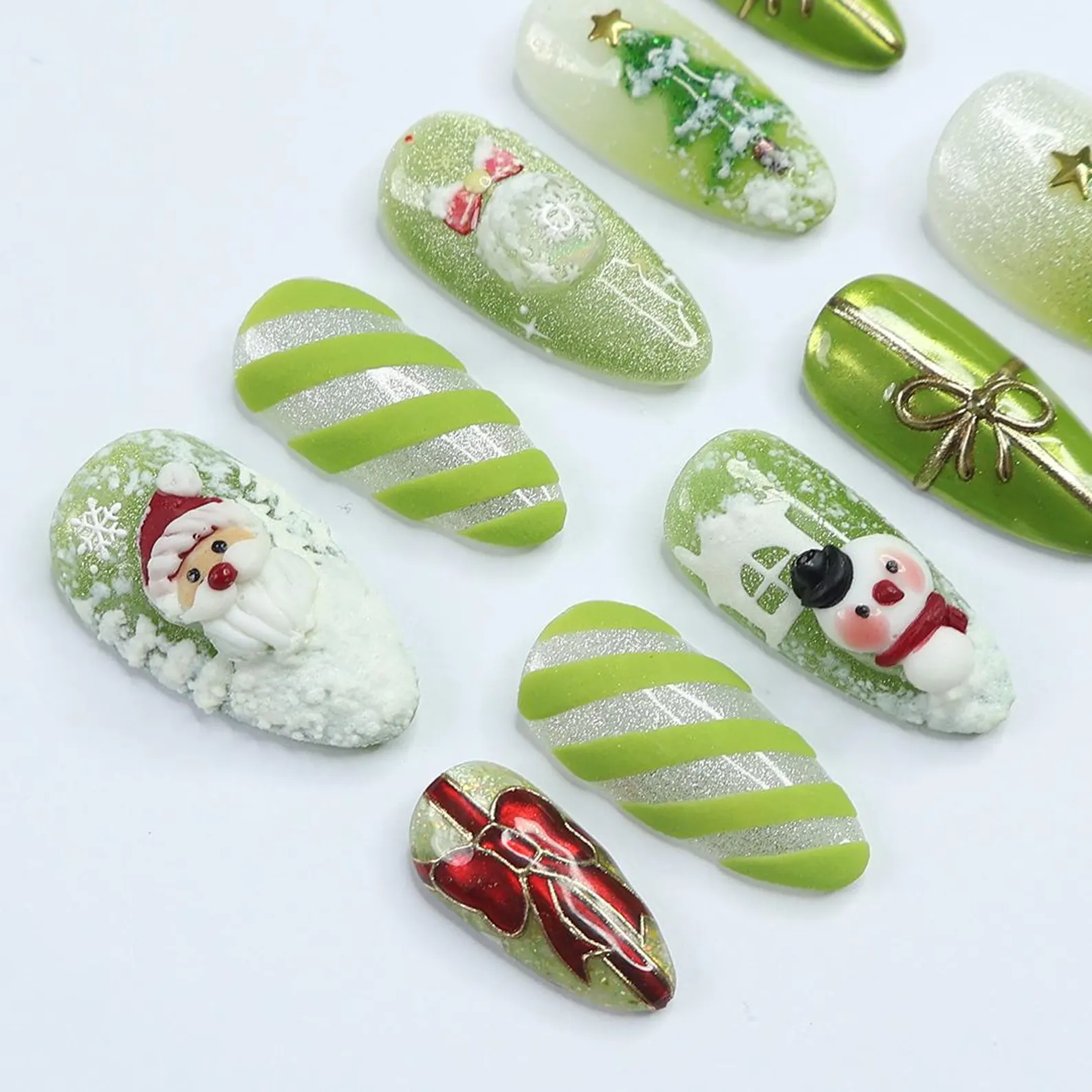 Festive Green Medium Almond Press-On Nails: Adorned with Santa Claus, Snowman Designs - Perfect for Christmas Day or Gift for Her - Image 3