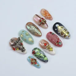 Alternative view of Unique Christmas Design Almond Press On Nail - Luxurious XMas and Holiday Nail Art, 3D Gel Winter Nails Design
