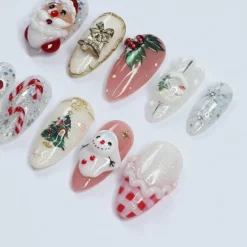 Alternative view of Festive Medium Almond Press-On Nails: Santa Claus, Candy Cane & Christmas Bell Designs - Perfect for Christmas Day Gifts