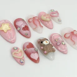 Alternative view of Kawaii Love-Themed Press On Nails | Pink 3D Teddy Bear and Kiss Heart Design | Handmade 3D Nail Art Set | Pink Love Theme