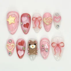 Kawaii Love-Themed Press On Nails | Pink 3D Teddy Bear and Kiss Heart Design | Handmade 3D Nail Art Set | Pink Love Theme