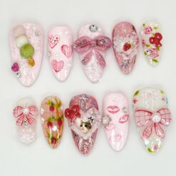 Alternative view of Pink Bow Romance Press On Nails | Cat, Heart & Ribbon Themed Nail Art | Custom Cat Nail Designs | Cute and Sparkly Pet Nail Art
