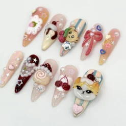 Alternative view of Kawaii Dessert Cat Press-On Nails | Handmade Cute Cat Nail Art | Cute 3D Kawaii Dessert Nail | 3D Handmade Nail | Elegant Nail Art
