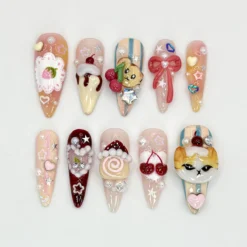 Kawaii Dessert Cat Press-On Nails | Handmade Cute Cat Nail Art | Cute 3D Kawaii Dessert Nail | 3D Handmade Nail | Elegant Nail Art