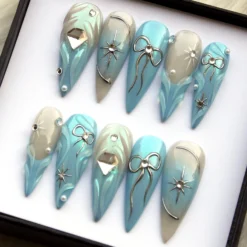 Alternative view of Teal Glitter Press On Nails: Icy Blue Chrome Ombre, Y2K False Nails