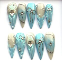 Teal Glitter Press On Nails: Icy Blue Chrome Ombre, Y2K False Nails