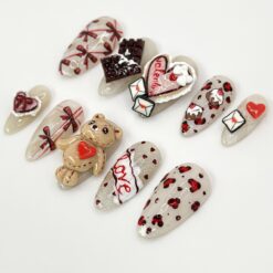 Alternative view of 3D Teddy Valentine Press On Nails | Cute Teddy Bear and Hearts Design | Handmade 3D Nail Set | 3D Valentine Nail Art