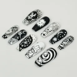 Alternative view of Whimsical Cartoon Press On Nails | Black & White Nail Art | Cute Bunny Nail Design | Unique Handmade Nails | Monochrome Nail Set
