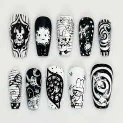 Whimsical Cartoon Press On Nails | Black & White Nail Art | Cute Bunny Nail Design | Unique Handmade Nails | Monochrome Nail Set