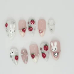 Kawaii Bunny & Strawberry Press On Nails - 3D Handmade Cute Nail Art - Y2K Aesthetic