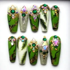 Jade Haunt Press On Nails: Emerald Green Glitter, Y2K Style