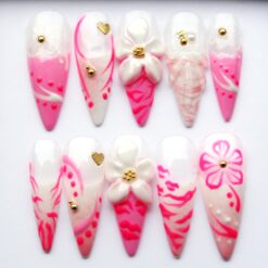 3D Flower Press On Nails: Hot Pink Stiletto Y2K Nails