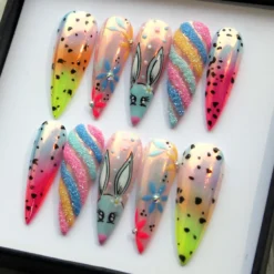 Alternative view of Easter Press On Nails: Rainbow Chrome Stiletto, 3D Aurora Bunny