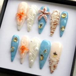 Alternative view of Hand-Painted Beach Press On Nails: Y2K Pearl Sea Theme