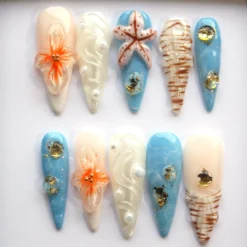 Hand-Painted Beach Press On Nails: Y2K Pearl Sea Theme