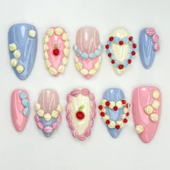 Sweet Creamy Press On Nails | Sweet Dessert-Inspired Nails | 3D Pastel Icing & Cream Nail Art | Handmade Cute Birthday Nails