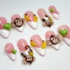 3D Banana Monkey Pink & Green Press-On Nails