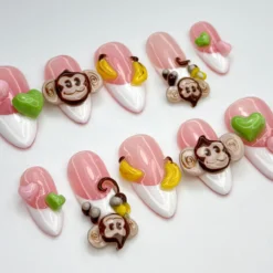 Alternative view of Cute Monkey Pink Press On Nails | Cute 3D Banana Monkey Nails | Pink & Green Heart Nails | Kawaii Jungle Vibe | Cartoon Nails