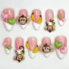 3D Banana Monkey Pink & Green Press-On Nails