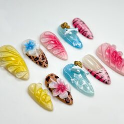 Alternative view of Cute Jungle Cat Press On Nails | Tropical Dolphin, Leopard Print Nails | 3D Kitty & Floral Summer Nails | Y2K Cute Vacation Nail