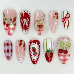 Strawberry Picnic Press On Nails | Cute 3D Strawberry And Bow Nail Art | Gingham Vintage Picnic Nails | Red & Pink Summer Nails